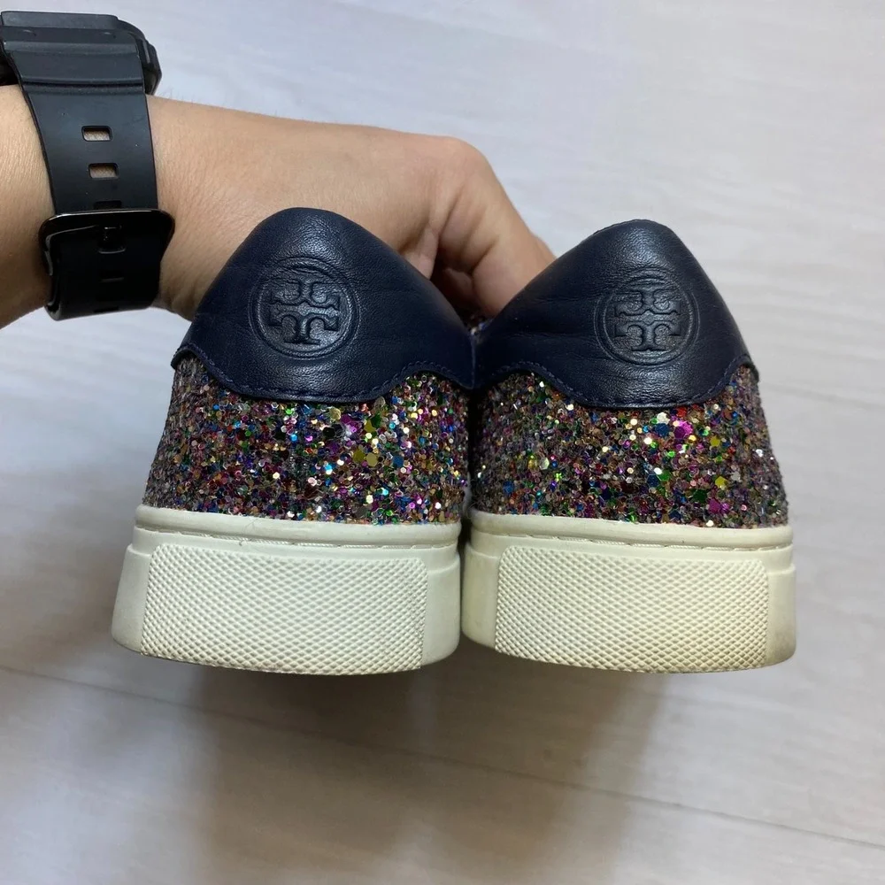 Tory‎ Burch Carter Sneakers Womens Size 10M Black Glitter Embellished Lace-up
